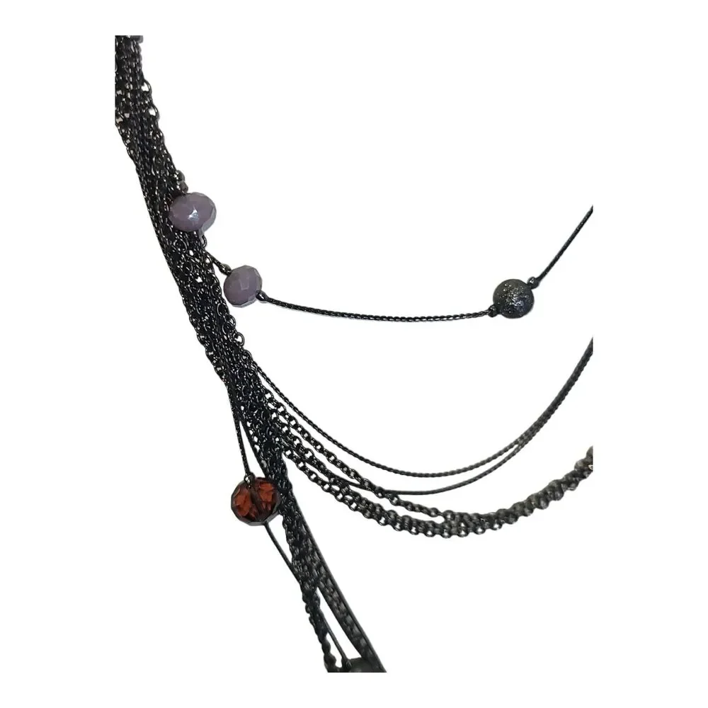 Gunmetal & Purple Crystal Bead‎ Multi Strand Station Necklace 26-28